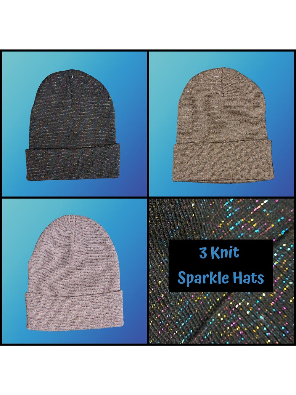 3 Winter Knit Toboggan Beanie Hats Solid Color With Rainbow Sparkle Threads OSFM
